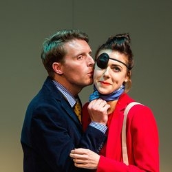 Christopher Harper and Charlotte Harwood in Slipping by Claudine Toutoungi at the Stephen Joseph Theatre, Scarborough.
