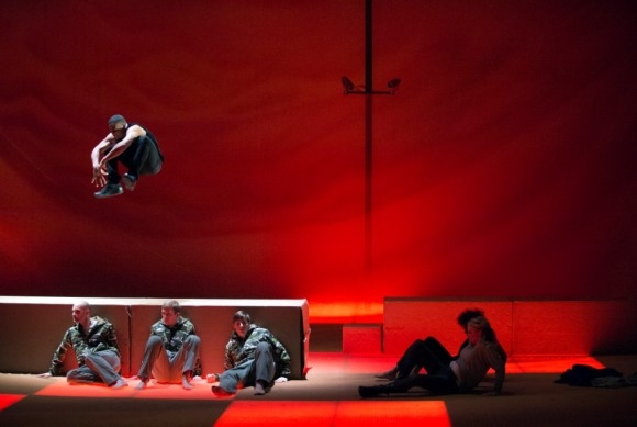 Daniel Bubeck, Brian Cummings, Nathan Medley, Patricia Bardon, Stephanie Berge (on floor), Banks (above) in The Gospel According to the Other Mary (ENO)