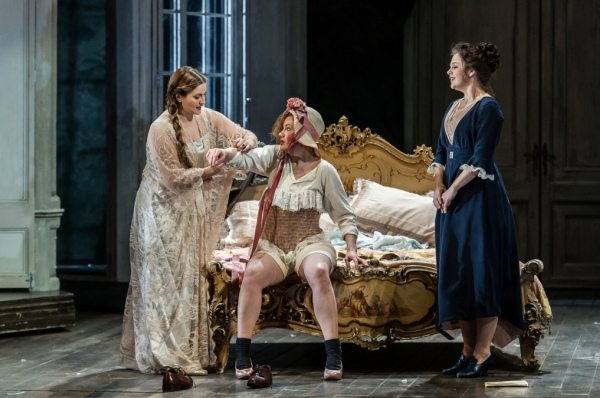 Ana Maria Labin as the Countess, Helen Sherman as Cherubino and Silvia Moi as Susanna in The Marriage of Figaro (Opera North)