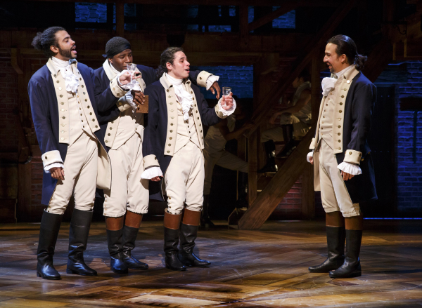 Daveed Diggs, Okieriete Onaodowan, Anthony Ramos, and Lin-Manuel Miranda in a scene from Hamilton