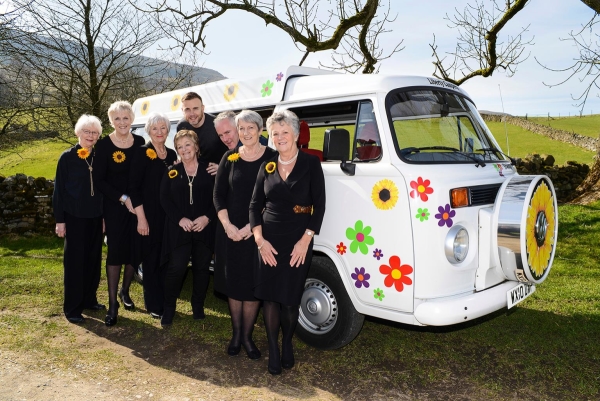 Gary Barlow and Tim Firth with the original Calendar Girls at the launch of the musical in Burnsall Village