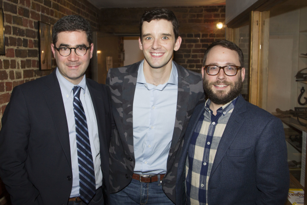 Jonathan Tolins, Michael Urie and Stephen Brackett at the after party on press night for Buyer and Cellar at the Menier Chocolate Factory