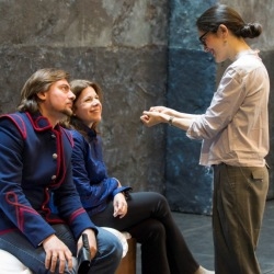 Igor Golovatenko (Severo) and Ana Maria Martinez (Paolina) with director Mariame Clément in rehearsals for Poliuto (Glyndebourne Festival 2015)