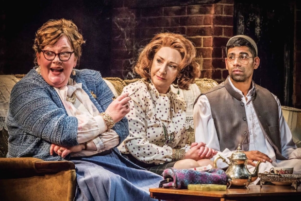 Sally Bankes (Auntie Annie), Pauline McLynn (Ella Khan) and Darren Kuppan (Maneer Khan) in East is East