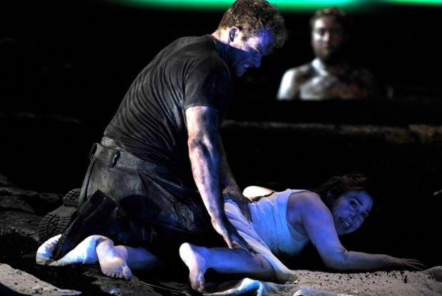 Duncan Rock as Tarquinius, Christine Rice as Lucretia and Matthew Rose as Collatinus in The Rape of Lucretia (Glyndebourne)